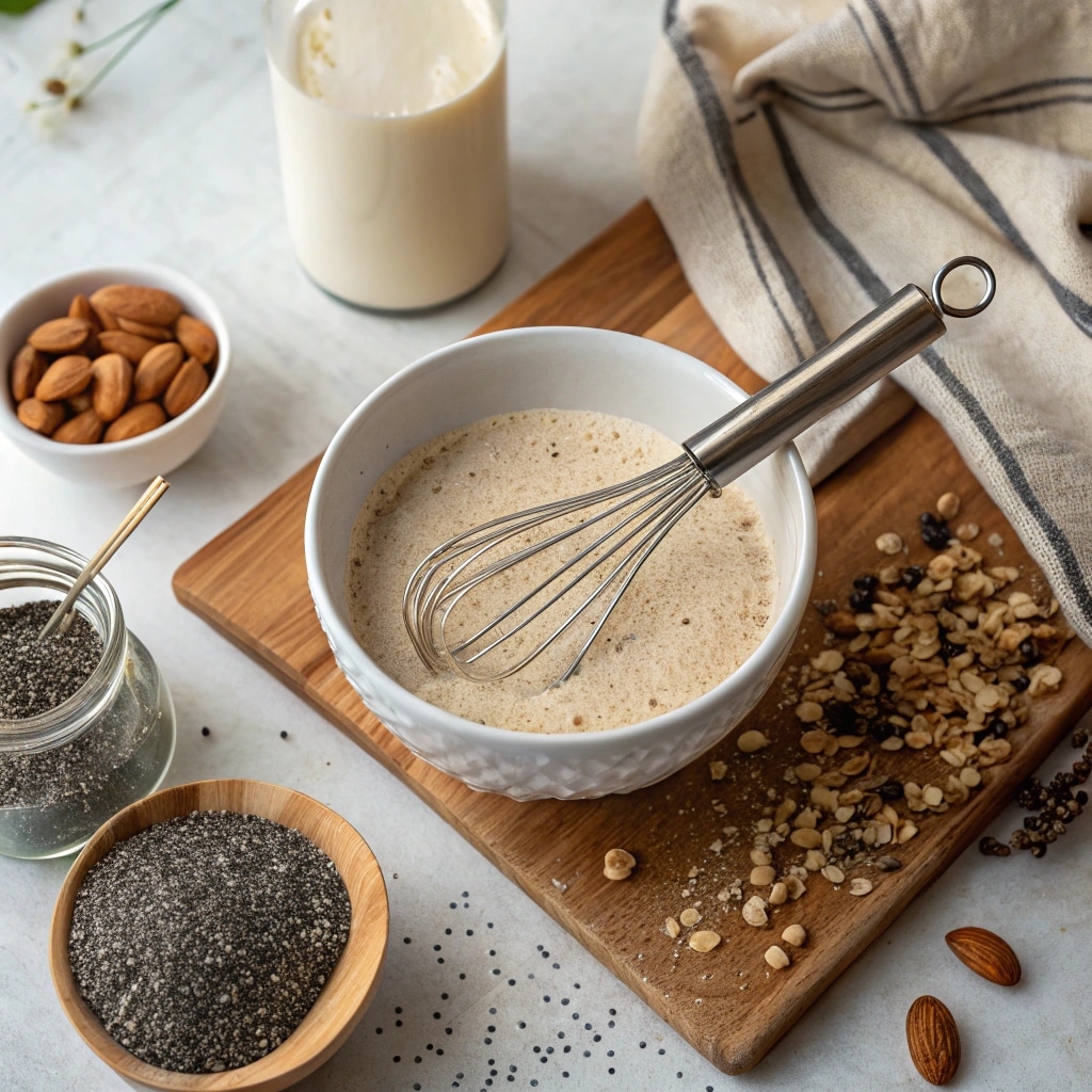 mixing protein powder into almond milk before adding chia seeds
