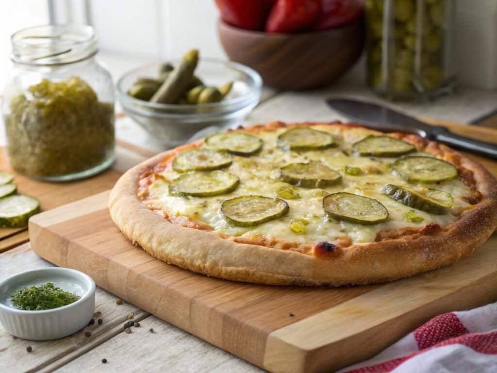 pickle pie pizza fresh from oven on wooden board