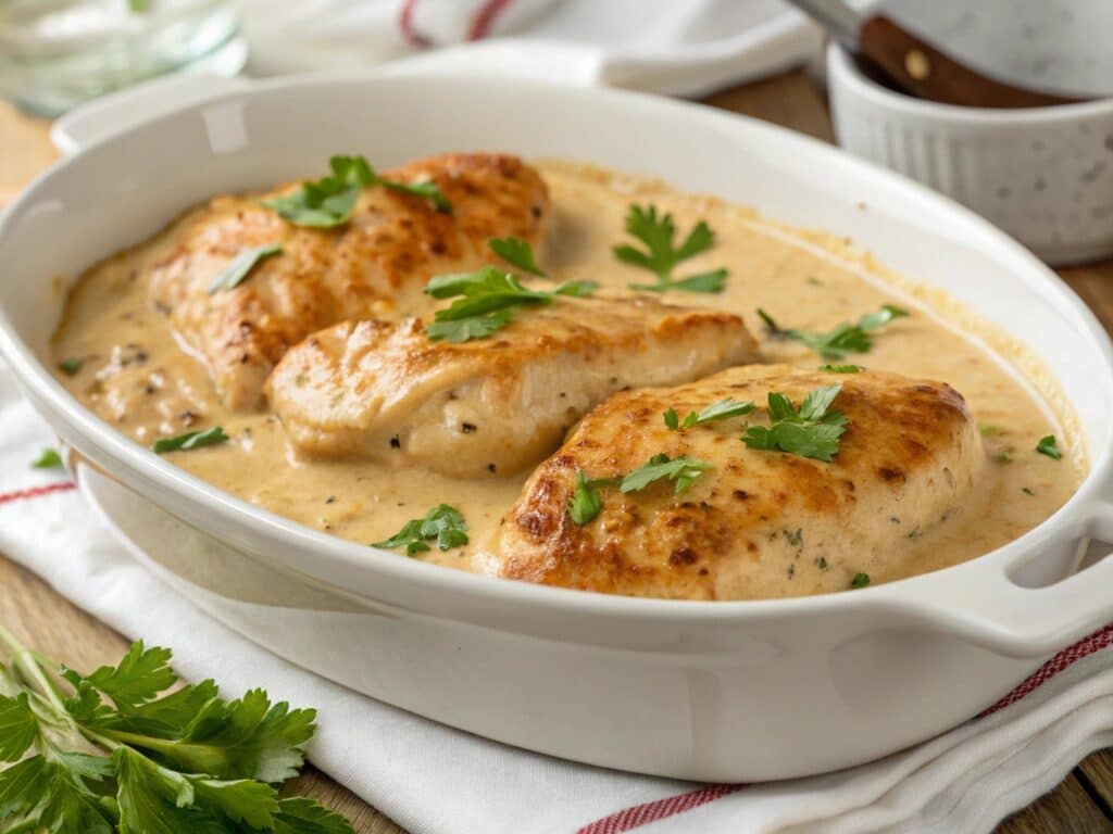 creamy chicken king chicken recipe in white plate with fresh herbs