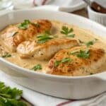 creamy chicken king chicken recipe in white plate with fresh herbs
