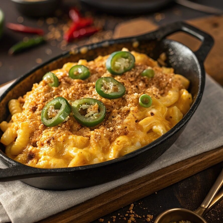 Spicy Velveeta mac and cheese with toppings