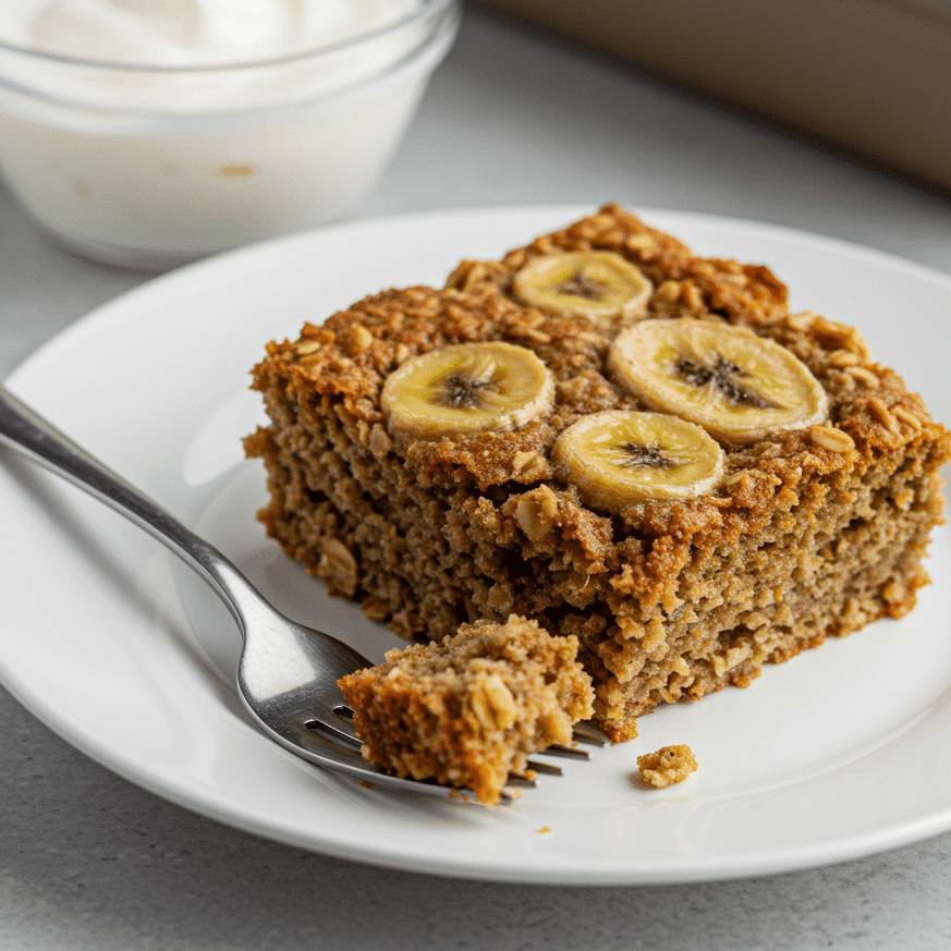 Banana bread baked oatmeal slices on a plate