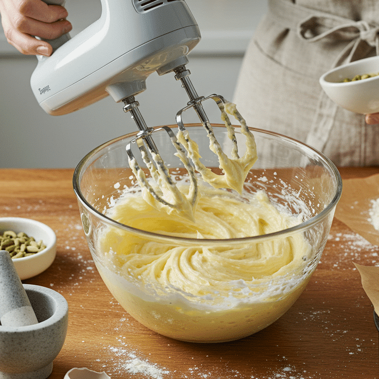 Vintage Swedish Cake Recipe preparation showing butter and sugar mixing with cardamom grinding and traditional Nordic baking techniques