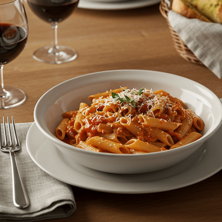 A dinner table set with two bowls of creamy tomato pasta, a glass of wine, and garlic bread, creating a warm and inviting scene for a delicious meal.