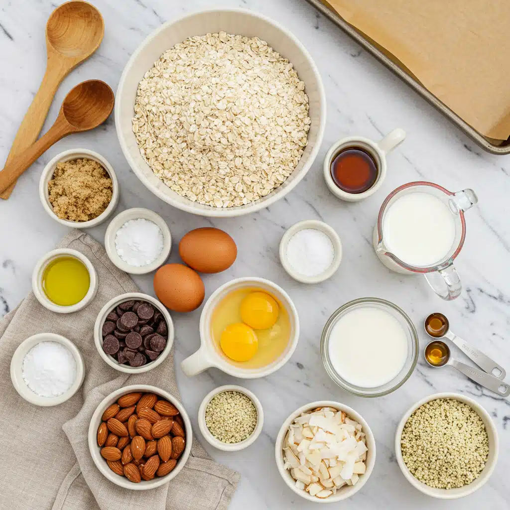 Flat lay of Baked Oatmeal Cake ingredients including oats, sugar, milk eggs and toppings