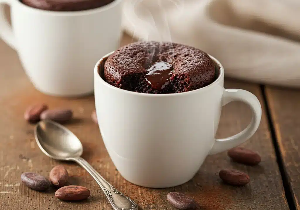 Delicious 5-minute mug cakes recipe featuring rich chocolate cake in white ceramic mug on wooden table