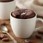 Delicious 5-minute mug cakes recipe featuring rich chocolate cake in white ceramic mug on wooden table