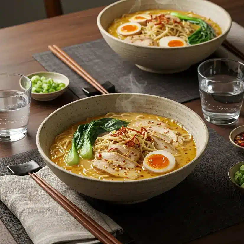 Dinner table setting with two bowls of fiery chicken ramen with creamy garlic sauce and chopsticks
