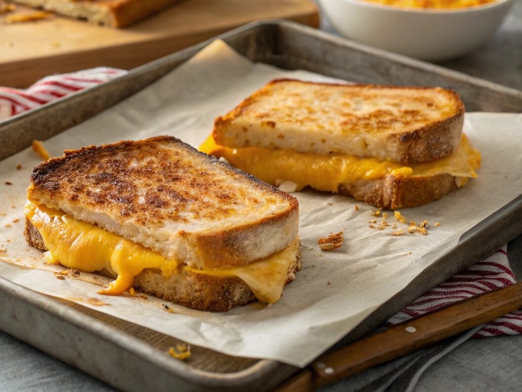 Oven-baked grilled cheese sandwiches on tray