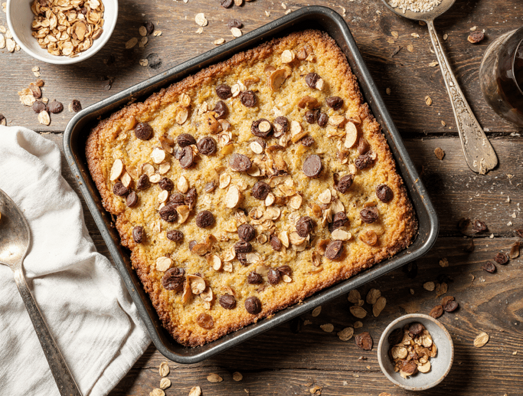 Flat lay of Baked Oatmeal Cake ingredients including oats, sugar, milk, eggs, and toppings