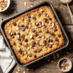 Flat lay of Baked Oatmeal Cake ingredients including oats, sugar, milk, eggs, and toppings