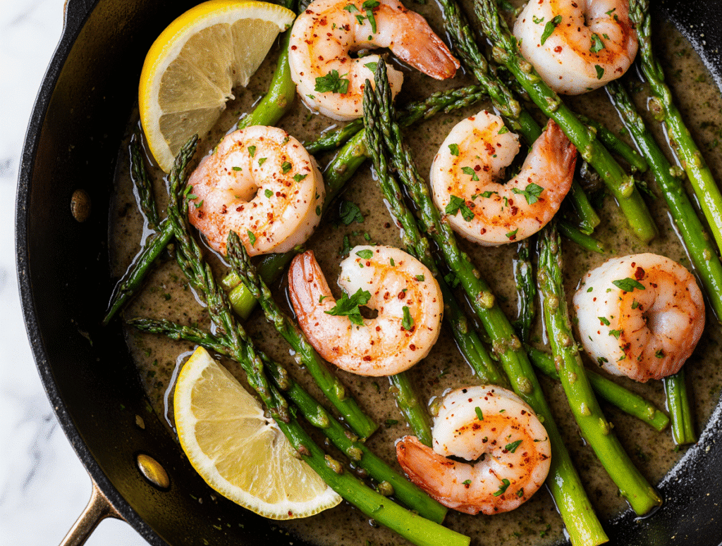 A close-up overhead shot of a black cast-iron skillet filled with a healthy 15-minute meal of garlic shrimp and asparagus, ready to eat.