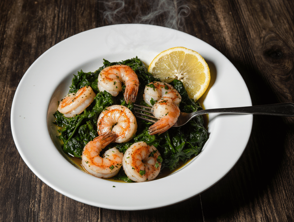 A bowl of food from the Ultimate Guide to 15-Minute Meals, featuring perfectly cooked garlic shrimp and spinach with a lemon wedge for garnish.