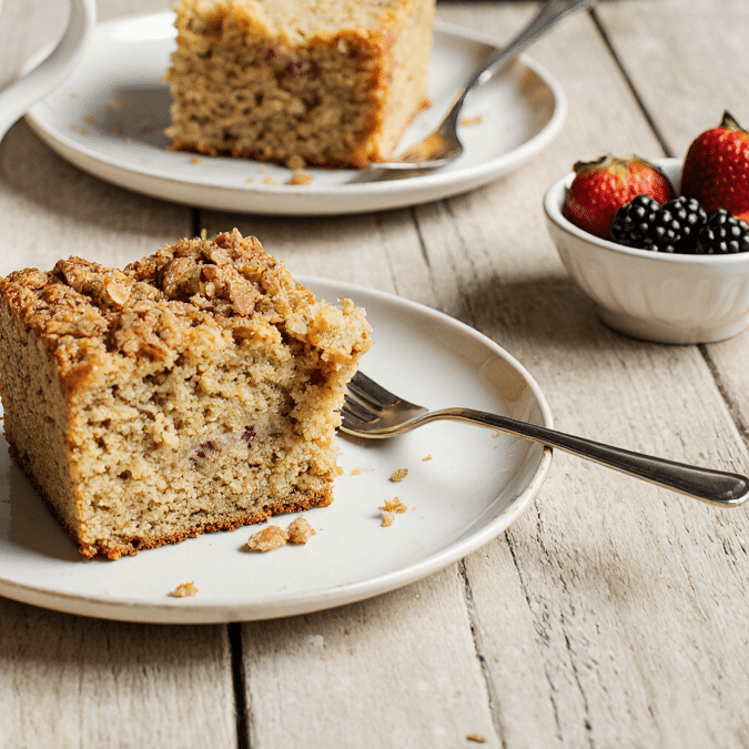 Sliced baked oatmeal cake served with coffee and fruit on a breakfast table