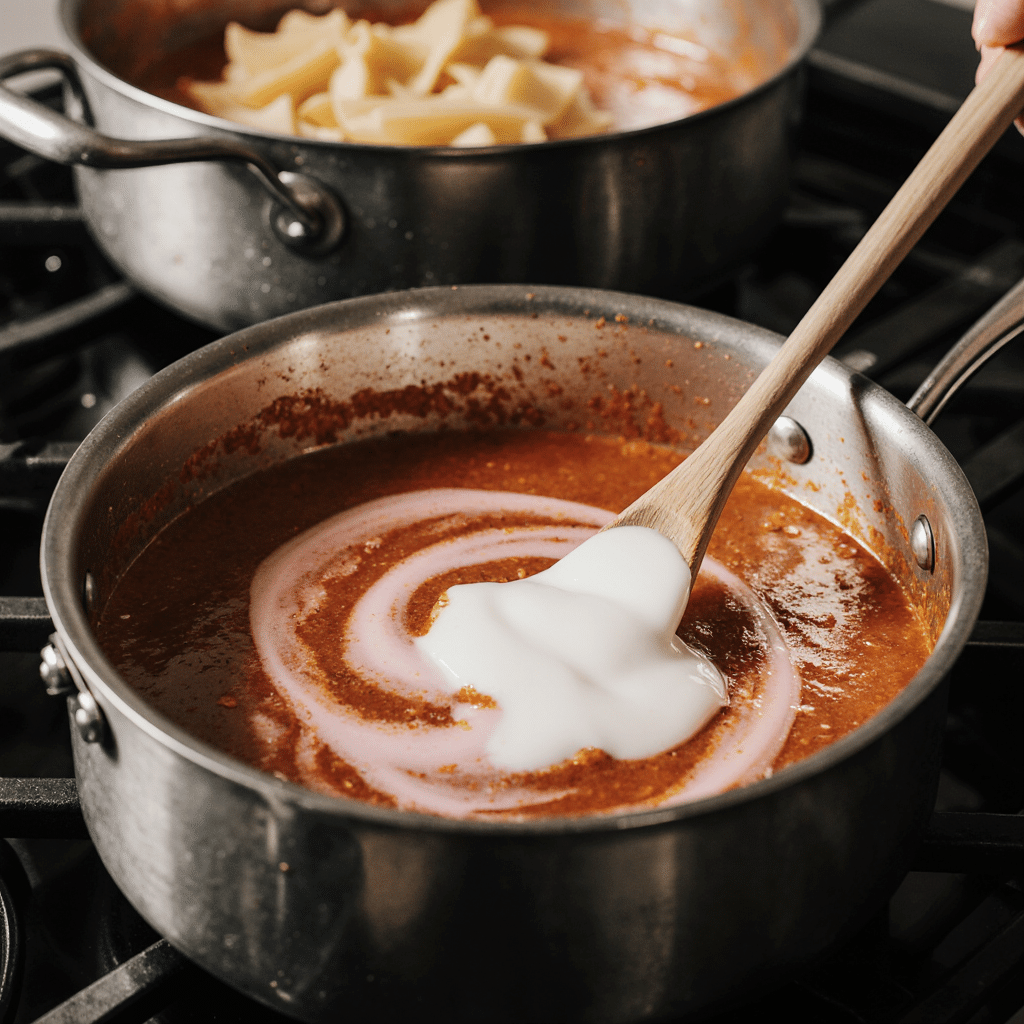 An action shot of creamy tomato pasta sauce being made in a skillet. A spoon is stirring heavy cream into the tomato base, creating a smooth pink sauce.