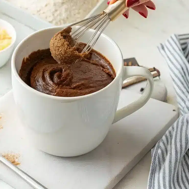 Step-by-step preparation of 5-minute mug cake showing hands mixing ingredients in ceramic mug with baking tools