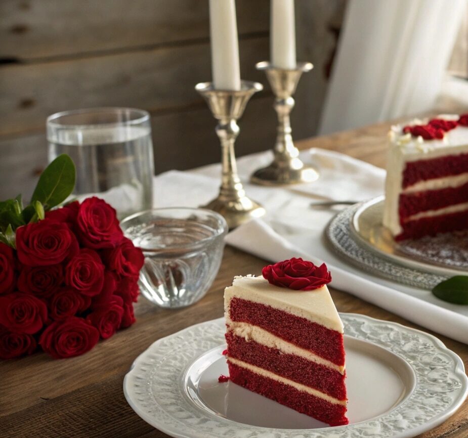 Slice of red velvet birthday cake with cream cheese frosting served on elegant table setting with birthday decorations