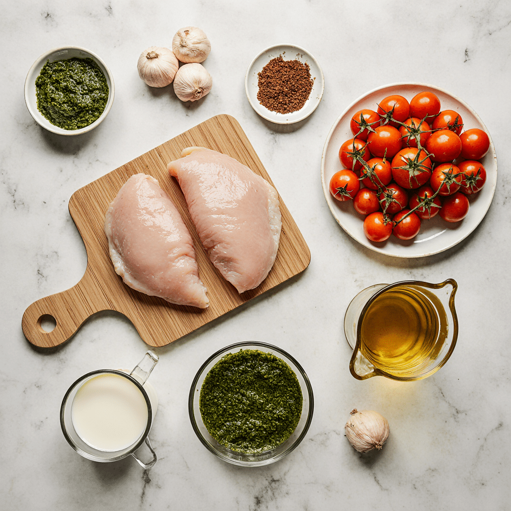 A flat lay of the ingredients for Creamy Pesto Chicken: chicken breasts, grape tomatoes, garlic, pesto, heavy cream, and olive oil.
