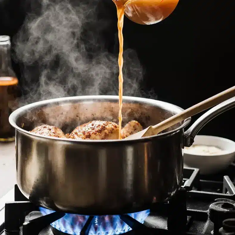 Cooking process of fiery chicken ramen with creamy garlic sauce showing sautéed chicken in pot