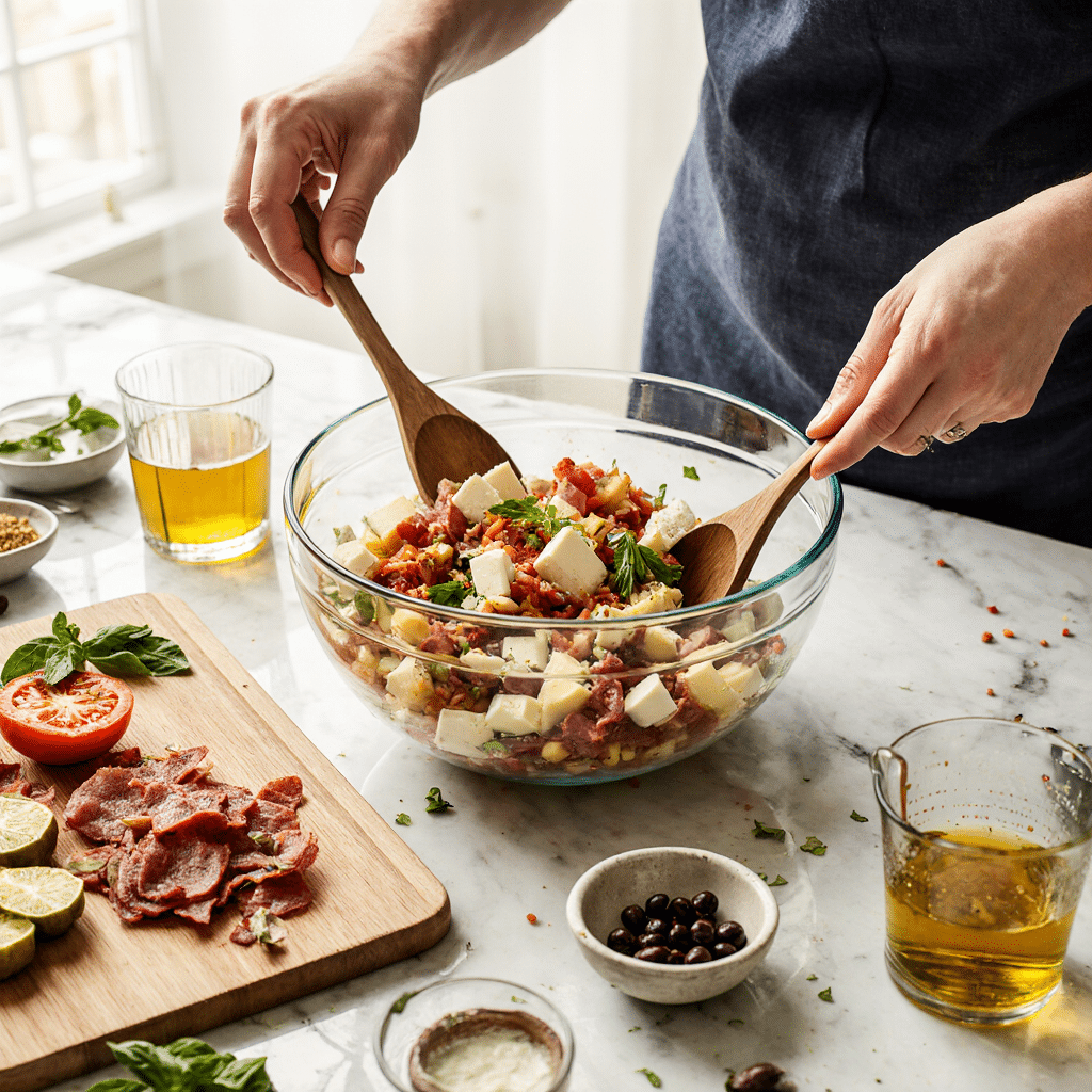  Hands mixing antipasto salad ingredients in glass bowl showing step-by-step preparation process