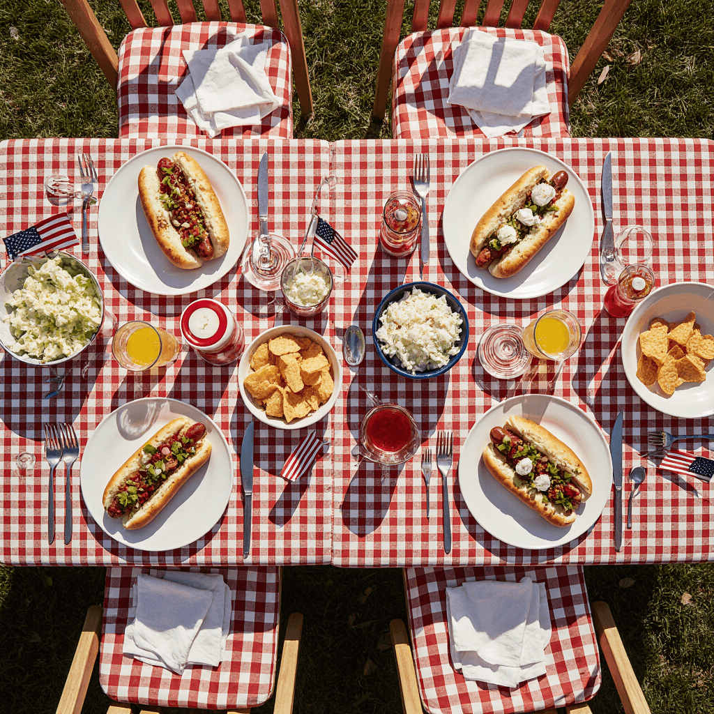 National Hot Dog Day table setup with all-beef hot dogs and classic American barbecue sides
