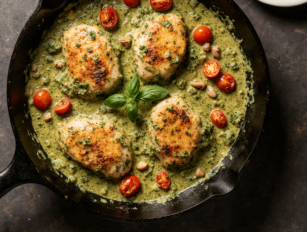A close-up of a skillet of Creamy Pesto Chicken, with golden-brown chicken and a rich, creamy green pesto sauce with red cherry tomatoes.