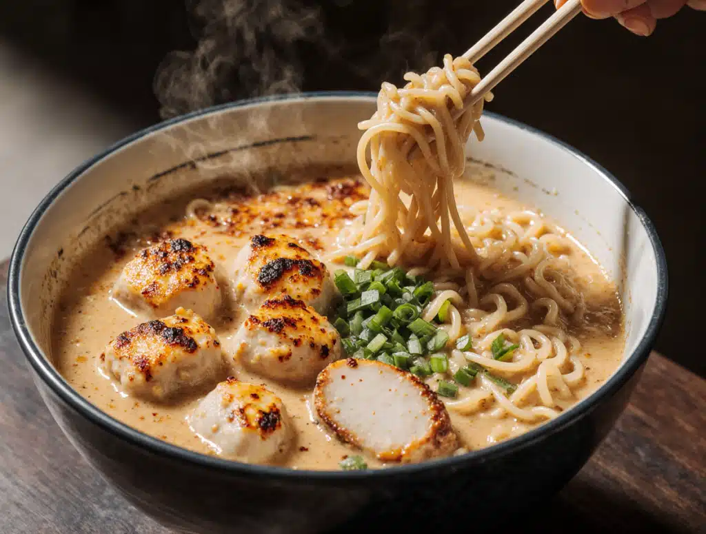Bowl of fiery chicken ramen with creamy garlic sauce featuring golden chicken pieces and green onions
