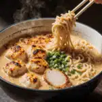 Bowl of fiery chicken ramen with creamy garlic sauce featuring golden chicken pieces and green onions