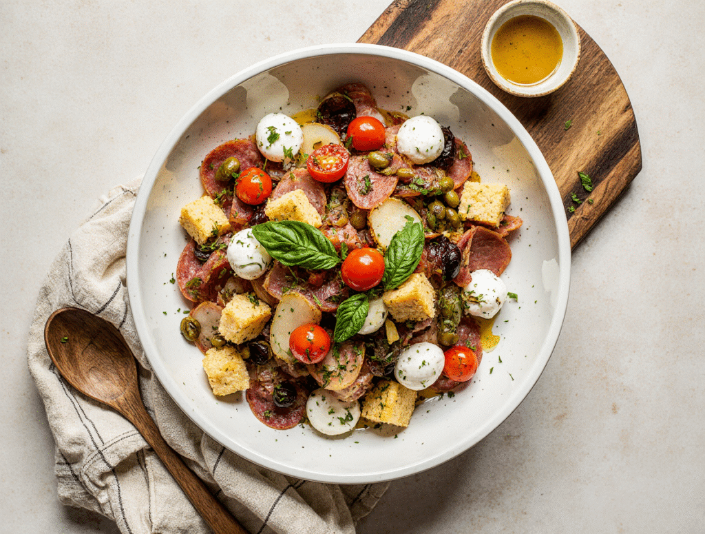 Easy antipasto salad recipe in white bowl with Italian meats, mozzarella cheese, olives and fresh basil