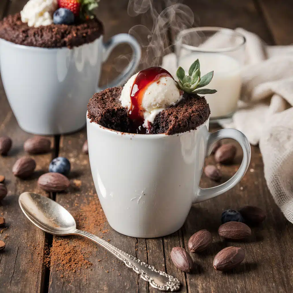 Beautifully served 5-minute mug cake with ice cream and berries on rustic table setting with dessert spoon and milk