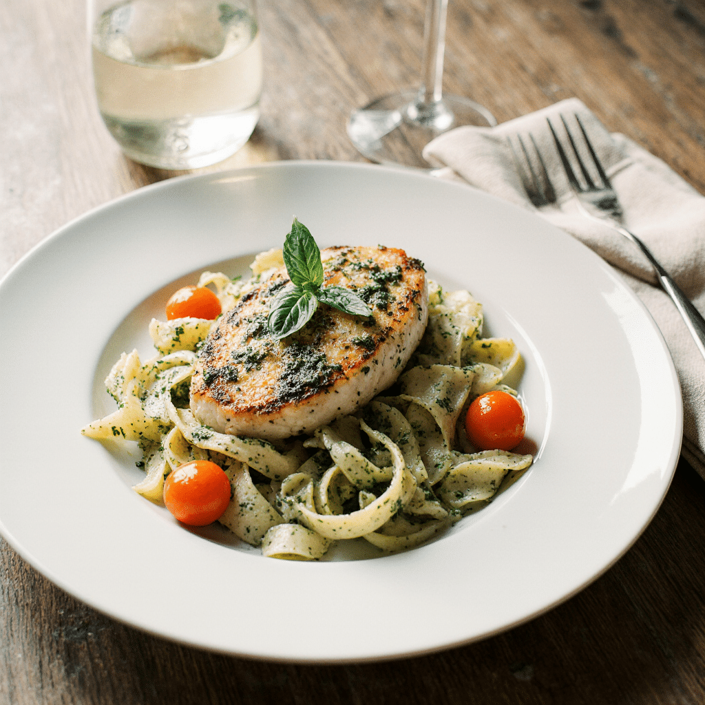A white plate with a serving of Creamy Pesto Chicken over fettuccine pasta, garnished with fresh basil.