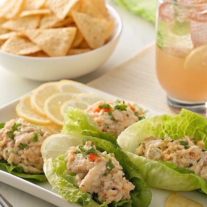tuna salad in lettuce wraps with yuca chips