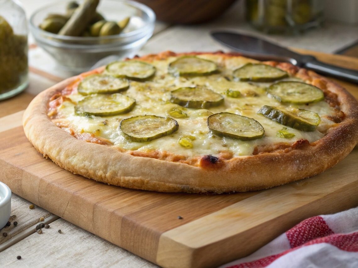 pickle pie pizza fresh from oven on wooden board