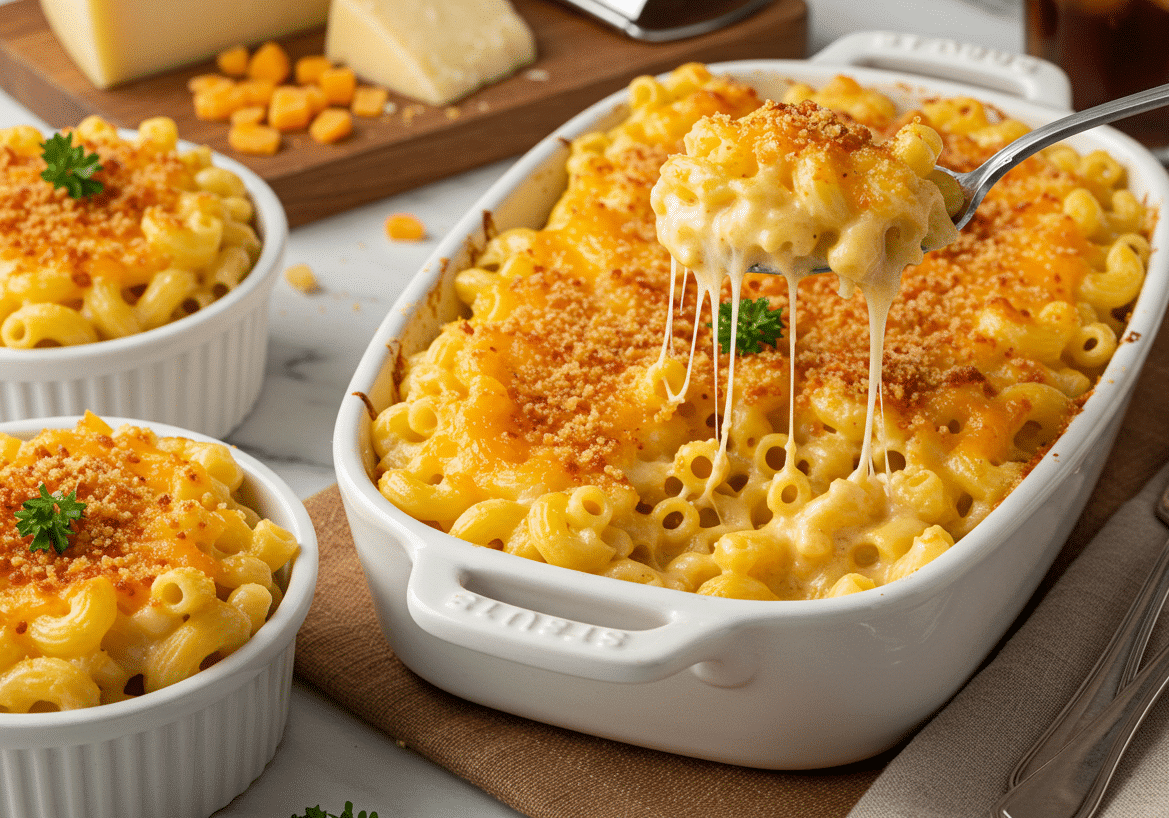 National Mac and Cheese Day skillet with golden cheese