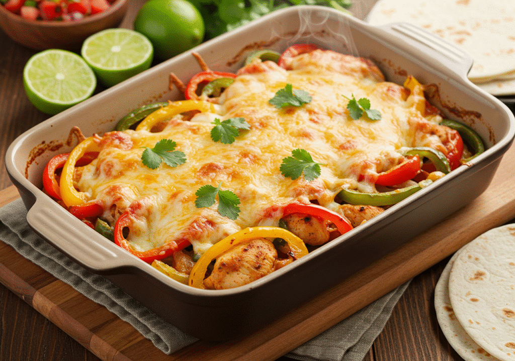 Chicken fajita casserole with melted cheese, bell peppers, and cilantro garnish in baking dish