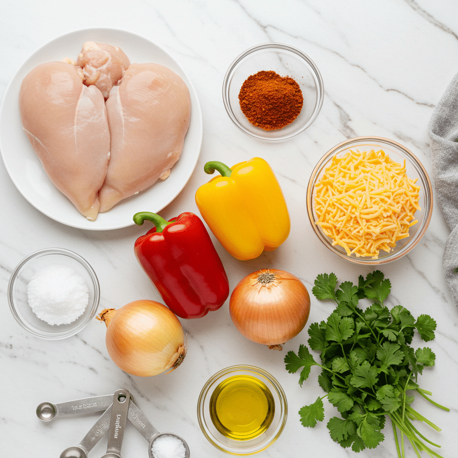Fresh ingredients for chicken fajita casserole including chicken breasts, bell peppers, onion, fajita seasoning, and cheese