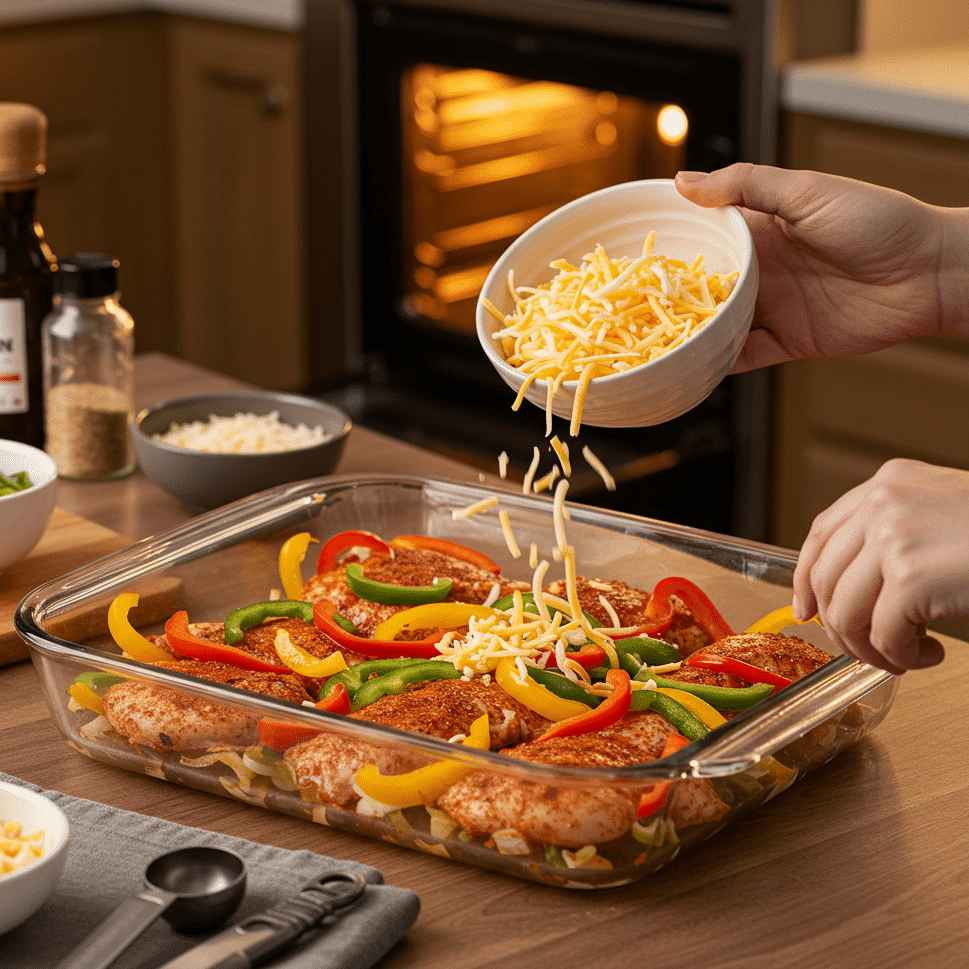Hands preparing chicken fajita casserole by layering bell Cheese over seasoned chicken
