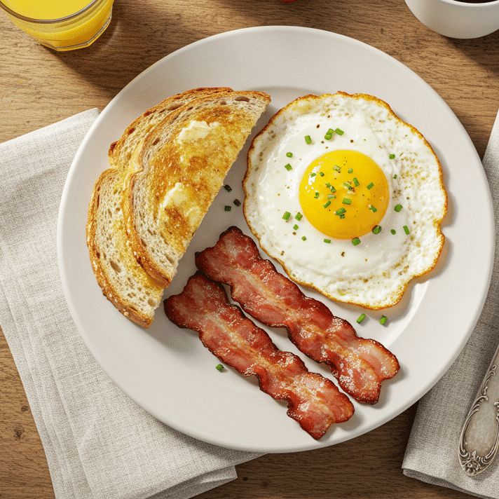Beautiful breakfast table setting with over easy egg, buttered toast, turkey bacon, and coffee for perfect morning meal