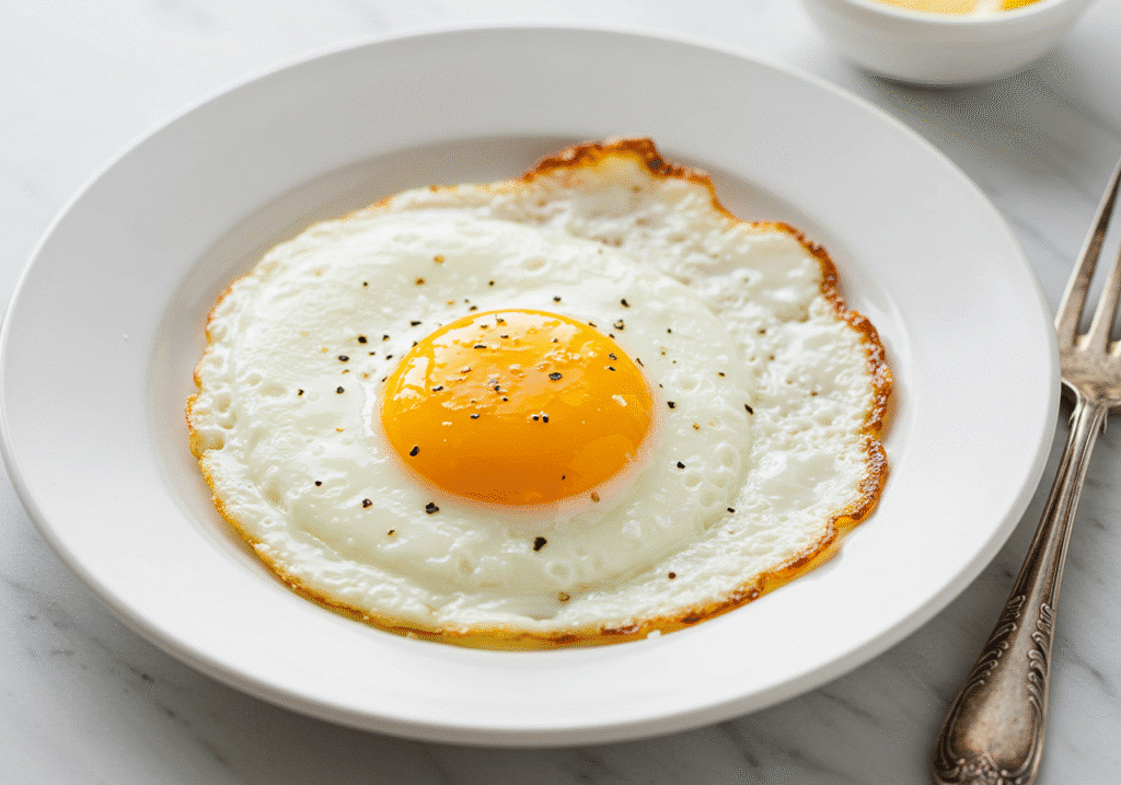 Perfect over easy egg with golden runny yolk on white plate, seasoned with black pepper and salt