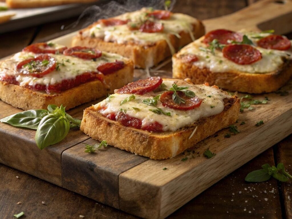 Texas toast pizza recipe showing six golden-brown crispy personal pizzas with melted mozzarella cheese and halal pepperoni on wooden board