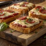 Texas toast pizza recipe showing six golden-brown crispy personal pizzas with melted mozzarella cheese and halal pepperoni on wooden board
