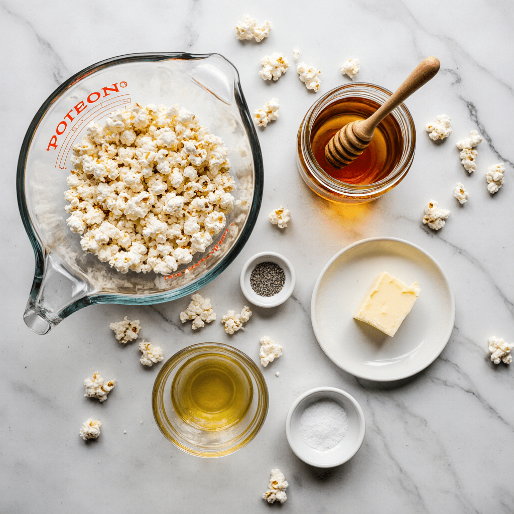 Honey popcorn recipe ingredients laid out including kernels, honey, butter, oil and salt with measurements