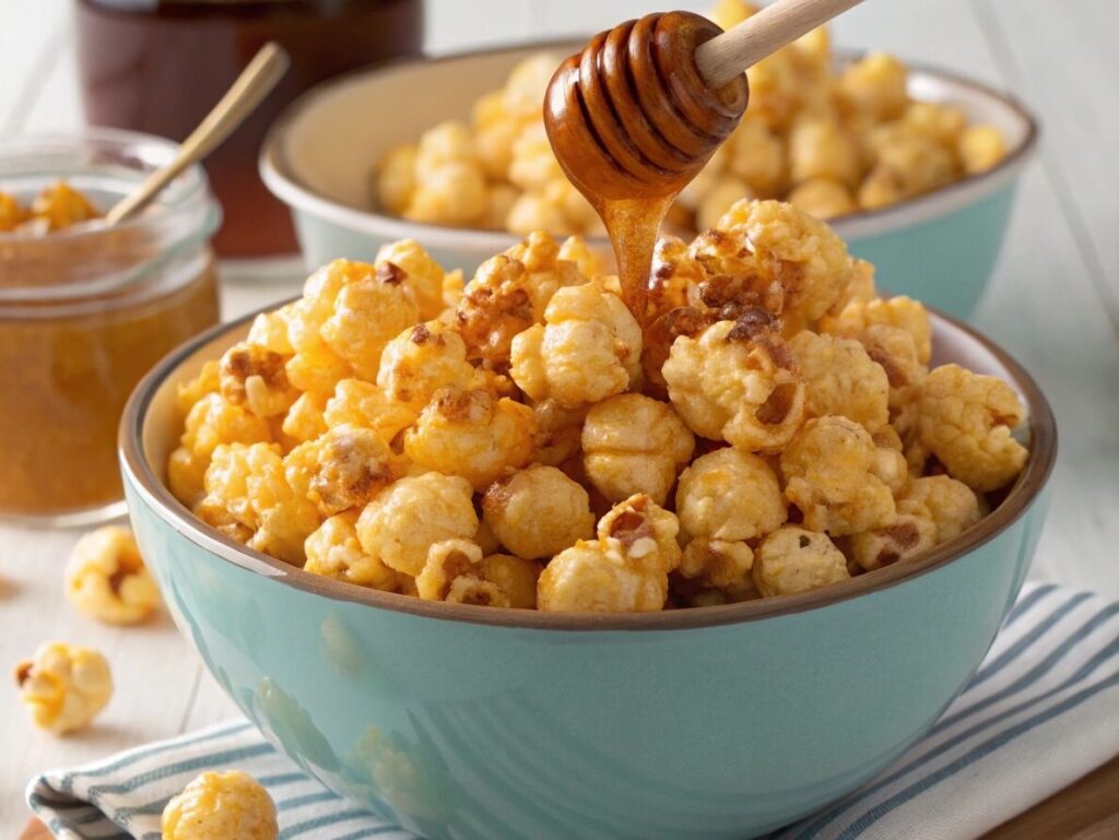 Golden honey popcorn recipe in wooden bowl showing glossy caramelized coating and crispy texture